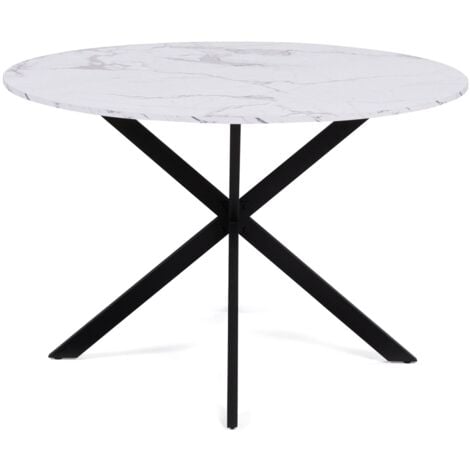 Table à manger ronde ALIX 4-6 personnes pied araignée métal noir et plateau effet marbre blanc ALASKA 110 cm