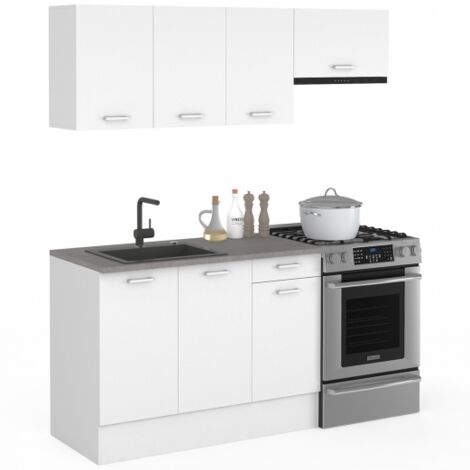 Komplettküche 180 cm SUBTIL mit 5-teiliger Arbeitsplatte in Weiß und Betonplatten