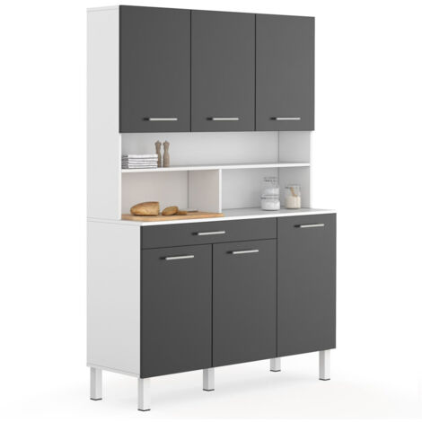 Küchenbuffet 120 CM CINA 6 Türen + Schublade weiß und grau glänzend