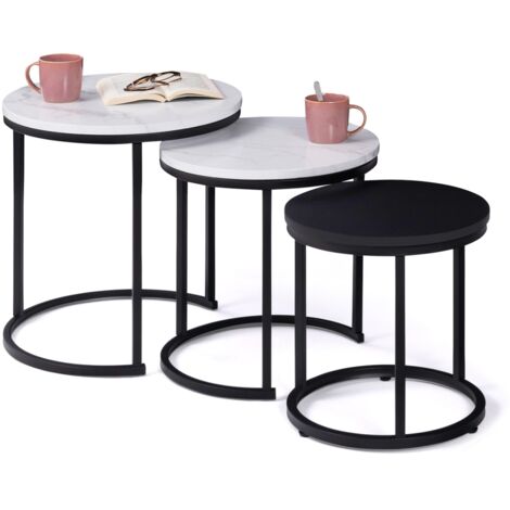 Set aus 3 runden ALASKA Couchtischen 35/40/45 mit Marmor- und Schwarzeffekt und Metallbeinen