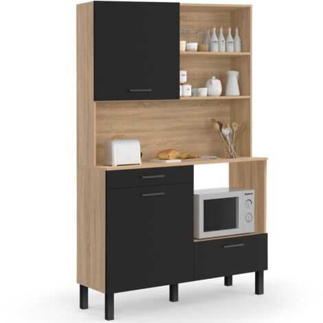Küchenbuffet 120 CM CINA 3 Türen + 1 Schublade in Buchenholzoptik und schwarz