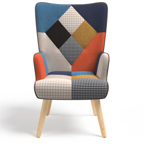 Skandinavischer Sessel IVAR mit mehrfarbigem Patchworkstoff und Hahnentrittmuster (1/5)