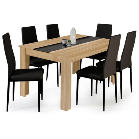 Set Esstisch GEORGIA 140 cm Buchenholzimitat und schwarz und 6 Stühle ROMANE schwarz