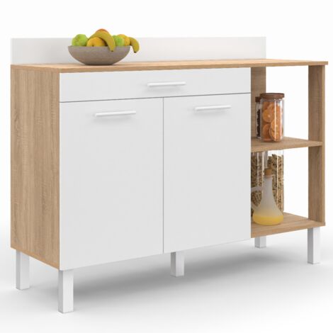 Küchenbuffet 120 cm CINA Arbeitsplatte H.83 cm 2 Türen + Schublade in Buchenholzoptik und Weiß
