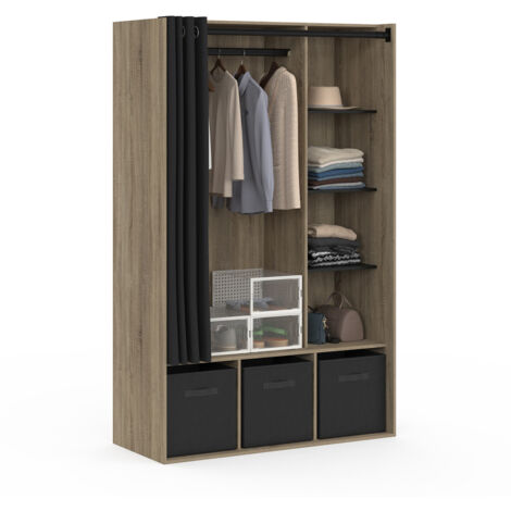 Garderobenschrank DIANE 105 x 50 x 172 cm Buche mit Regalen + Aufbewahrungsboxen + schwarzer Vorhang (1/5)