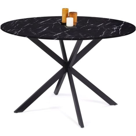 Table à manger ronde ALIX 4-6 personnes pied araignée métal noir et plateau effet marbre noir ALASKA 110 cm