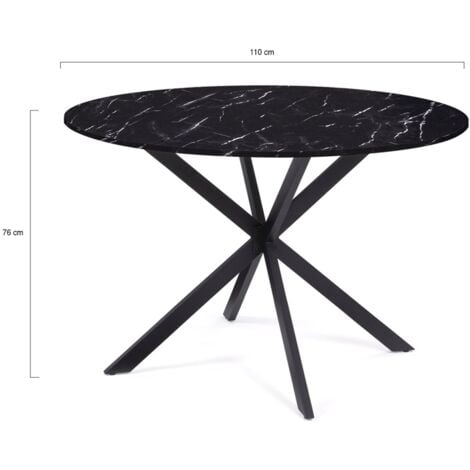 Table à manger ronde ALIX 4-6 personnes pied araignée métal noir et plateau effet marbre noir ALASKA 110 cm