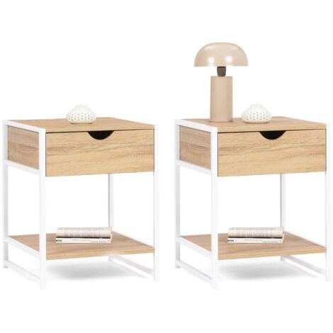 2er-Set Nachttische DETROIT 1 Schublade mit Ablage aus Holz und Metall weiß Industriedesign