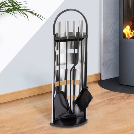 4 Stk. Kamin Werkzeug Set Poker, Schaufel, Pinsel, Ständer Schwarz & Gold Messing 29" Groß - Österreich