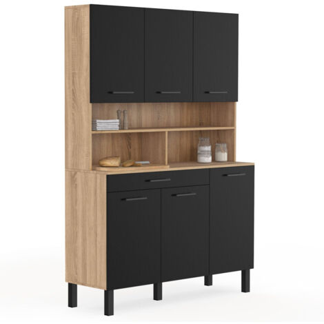 Küchenbuffet 120 CM CINA 6 Türen + Schublade in Buchenholzoptik und schwarz