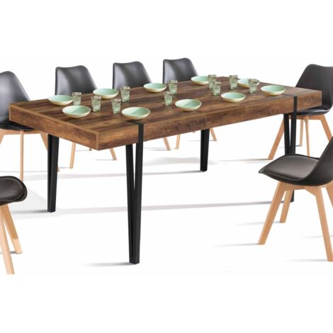 Table à manger extensible rectangle AUSTRIA 6-10 personnes bois pied épingle noir 160-200 cm