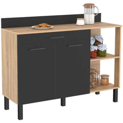 Küchenbuffet 120 CM CINA Arbeitsplatte H.83 cm 2 Türen + Schublade in Buchenholzoptik und schwarz