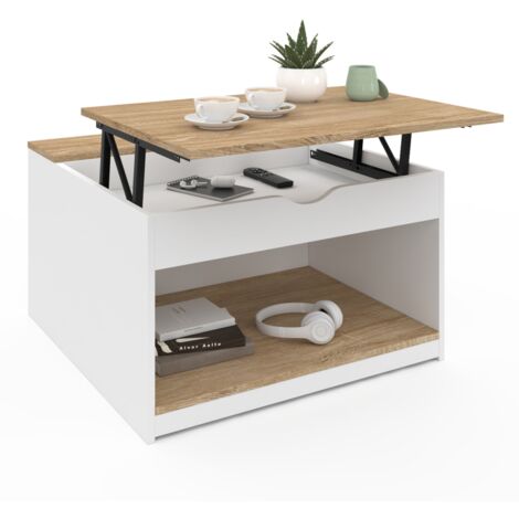 Couchtisch mit quadratischer Hubplatte ELEA mit Holzkasten in Weiß und Buchenholzoptik