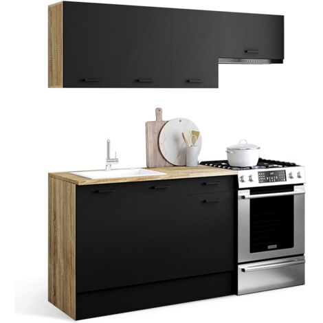 Komplettküche 180 cm SUBTIL mit Arbeitsplatte aus 5 Elementen in Holz und Schwarz