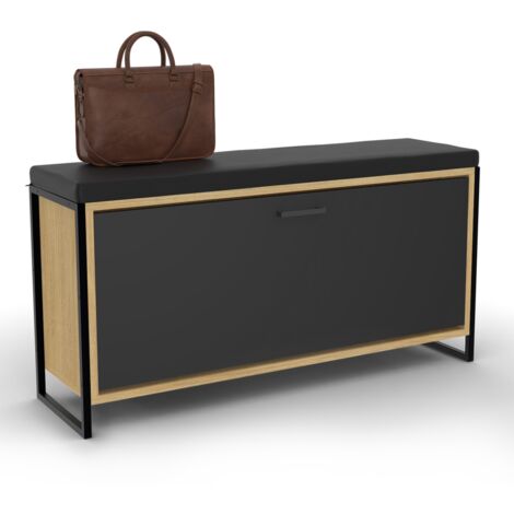 Eingangsbank BOSTON mit Kissen und Schuhablage schwarz 100 cm Industriedesign