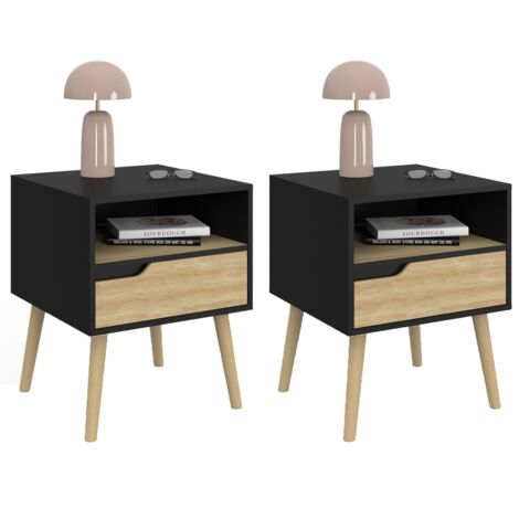 Set aus 2 Nachttischen HELSINKI skandinavisch 1 Schublade mit Nische schwarz und Bucheffekt