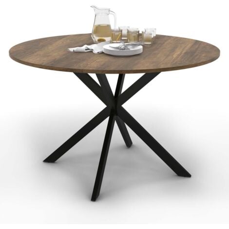 Table à manger ronde ALIX plateau HAWKINS 4-6 personnes pied araignée bois foncé et noir 110 cm