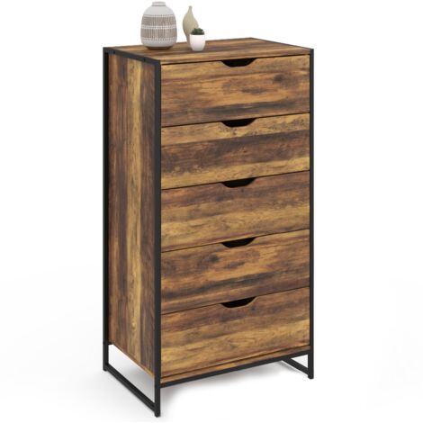 Kommode mit 5 Schubladen HAWKINS 60 cm Wochenbettkommode aus dunklem Holz im Industriedesign
