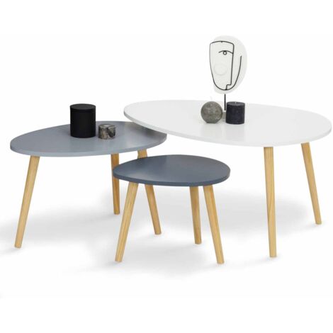 Set aus 3 ausziehbaren Couchtischen GAIA, weiß lackiert, skandinavisch grau