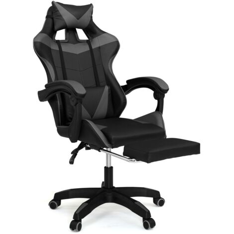 Verstellbarer ALEX Gaming-Stuhl mit Fußstütze, Kopf- und Lendenkissen Schwarz und Grau