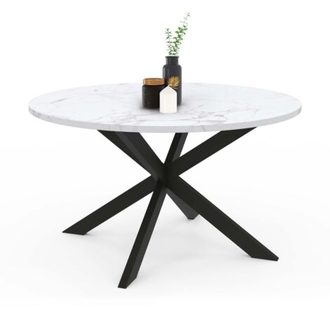 Runder Couchtisch ALASKA 70 cm Platte in weißem Marmoreffekt und Spinnenfuß aus schwarzem Metall