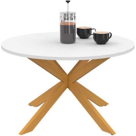Couchtisch GISELE rund 70 cm Spinnenfuß Weiße Tischplatte und Fuß in Holzoptik