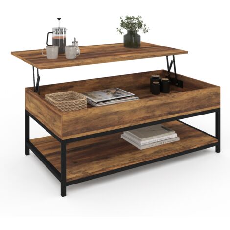 Couchtisch mit integraler Hubplatte HAWKINS und unterem Regal aus dunklem Holz Industriedesign