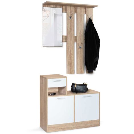 Eingangsgarderobe mit Spiegel PAULIN Design Buche Weiße Türen