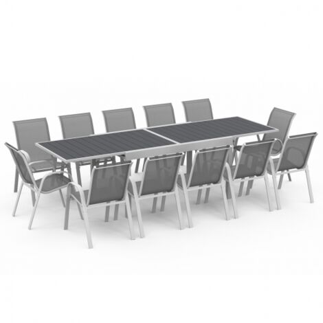 Gartenmöbel POLY ausziehbar Tisch 135/270 cm und 12 Stühle weiß und grau