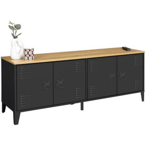 Niedriges Sideboard 140 cm ESTER 4 schwarze Metalltüren und Holzplatte Industriedesign