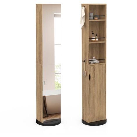 Badezimmermöbel drehbare Säule mit Spiegel, Schrank und Regalen Buche und schwarz ELIA