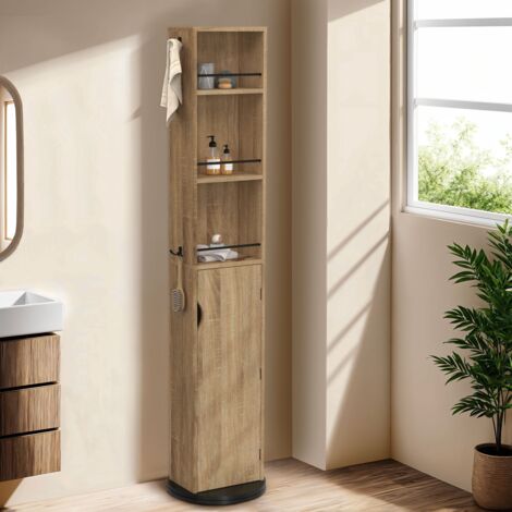Badezimmermöbel drehbare Säule mit Spiegel, Schrank und Regalen Buche und schwarz ELIA
