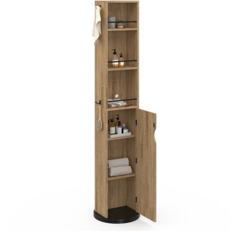 Badezimmermöbel drehbare Säule mit Spiegel, Schrank und Regalen Buche und schwarz ELIA