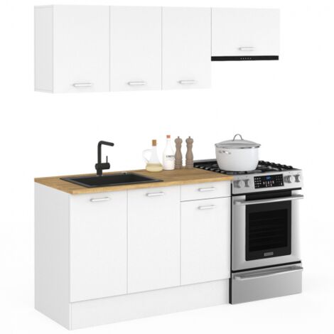Komplettküche 180 cm SUBTIL mit 5-teiliger Arbeitsplatte in Weiß und Holzplatten