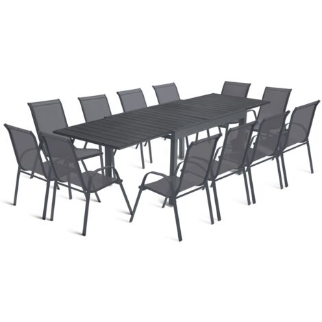 Gartenmöbel POLY ausziehbar Tisch 135-270 CM und 12 Stühle dunkelgrau