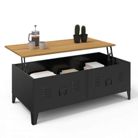 Niedriger Tisch mit rechteckiger Klappplatte ESTER aus Buchenholz und schwarzem Metall im Industriedesign