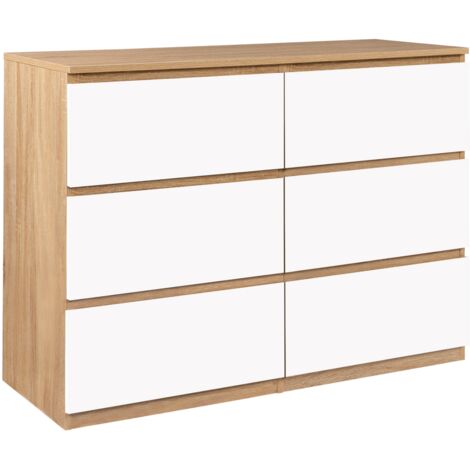 Kommode mit 6 Schubladen TOMI 110 cm Holz in Buchenholzoptik und Weiß