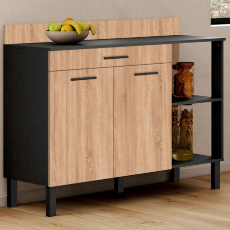 Küchenbuffet 120 cm CINA Arbeitsplatte H.83 cm 2 Türen + Schublade schwarz und Buchenholzoptik