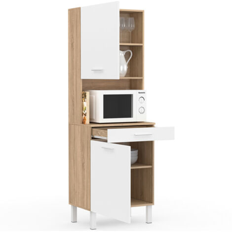 Küchenbuffet 60 CM CINA 2 Türen + Schublade in Buchenholzoptik und Weiß