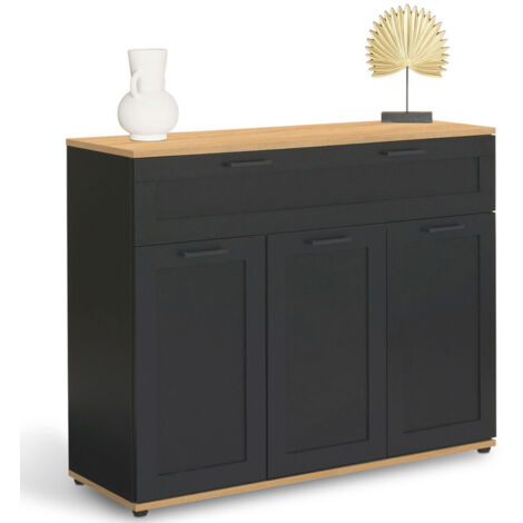 Sideboard 100 cm VITO 3 Türen und 1 Schublade schwarz und Holzplatte
