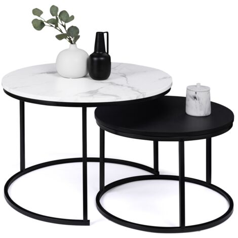 Set aus 2 runden ALASKA Couchtischen 54/70 mit Marmor- und Schwarzeffekt und Metallbeinen