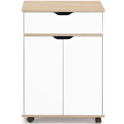 Küchenwagen COSY Schrank mit Schublade aus weißem Holz und Buchenholzplatten L.60 CM