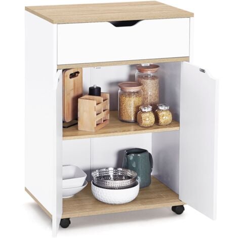 Küchenwagen COSY Schrank mit Schublade aus weißem Holz und Buchenholzplatten L.60 CM