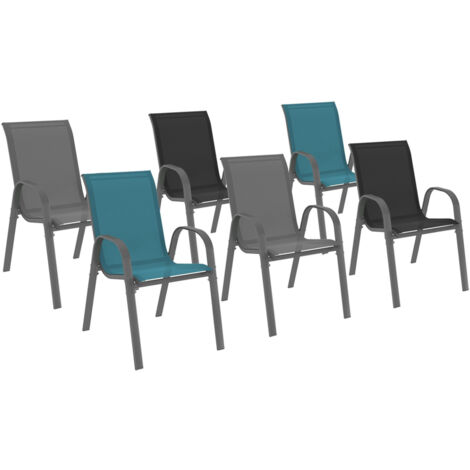 Set aus 6 stapelbaren Gartenstühlen LYMA aus Metall und Textilene in Grau, Schwarz und Blau