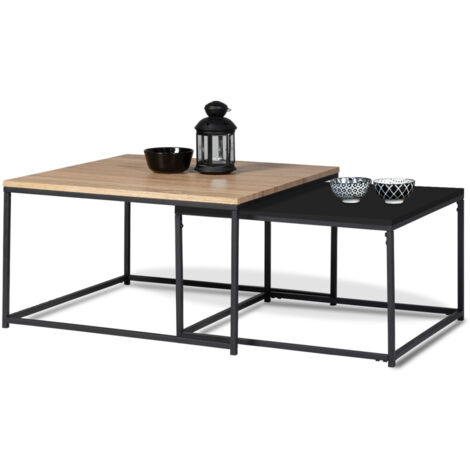 Lot de 2 tables basses gigognes DENTON 60/70 métal noir et bois design industriel