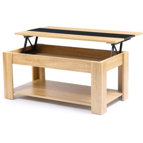 Moderner rechteckiger Couchtisch GEORGIA mit aufklappbarer Tischplatte aus schwarzem Holz und Buchenholzimitat