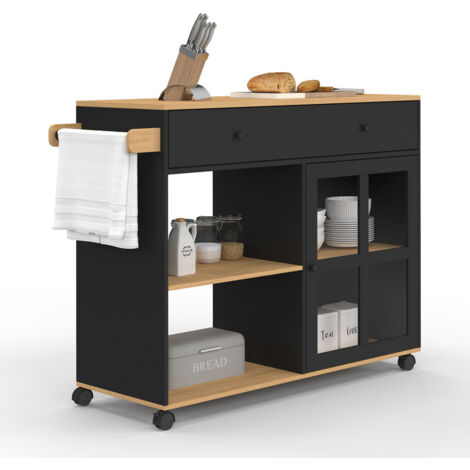 Küchenwagen ACHILLE XXL mit Regal und verglastem Schrank aus Holz und Schwarz B. 100 CM