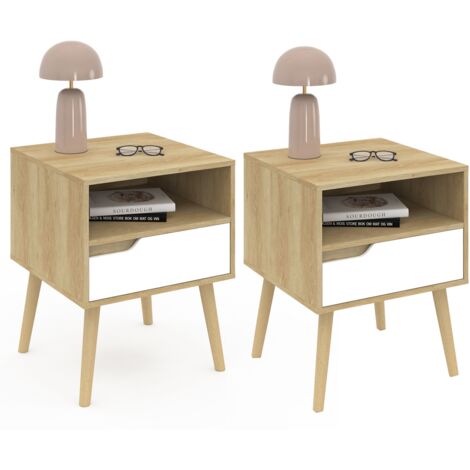 Set aus 2 skandinavischen Nachttischen HELSINKI 1 Schublade mit Nische in Bucheffekt und Weiß