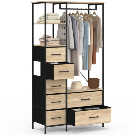 Ankleidezimmer Kleiderschrank + Säule B. 90 cm UTAH mit 1 Regal und 7 Behältern aus Stoff in Holz und Schwarz