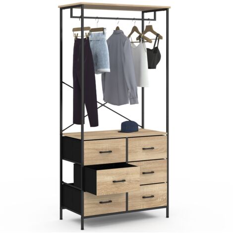 Garderobenschrank B. 80 cm UTAH mit 6 Kästen aus Stoff in Holz und Schwarz